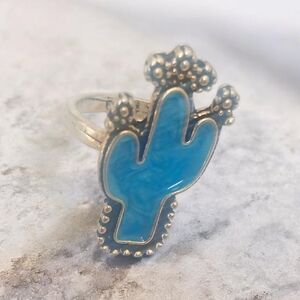 Blue and Silver Cactus Design Ring